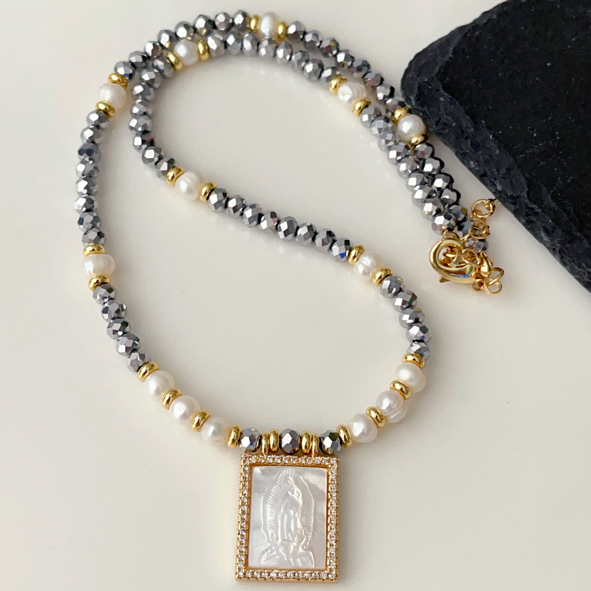 Mop virgin mary crystal necklace