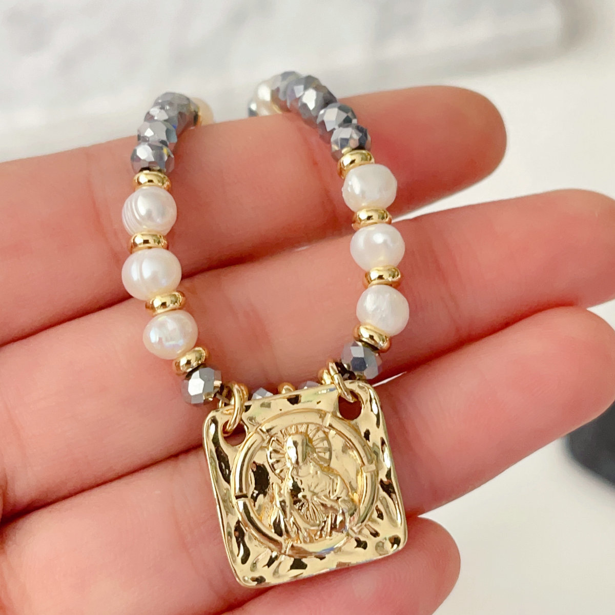 grey chinese crystal necklace with square charm