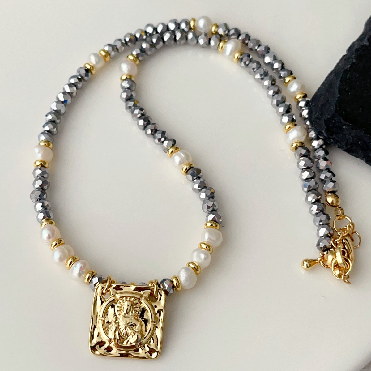 grey chinese crystal necklace with square charm