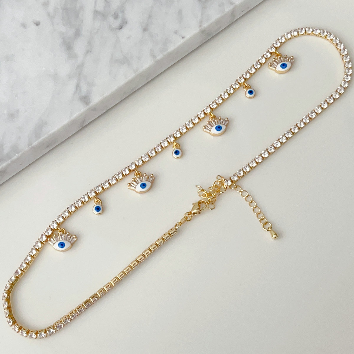 Enamel eye charm tennise necklace