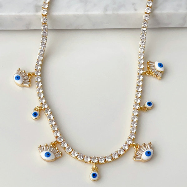 Enamel eye charm tennise necklace