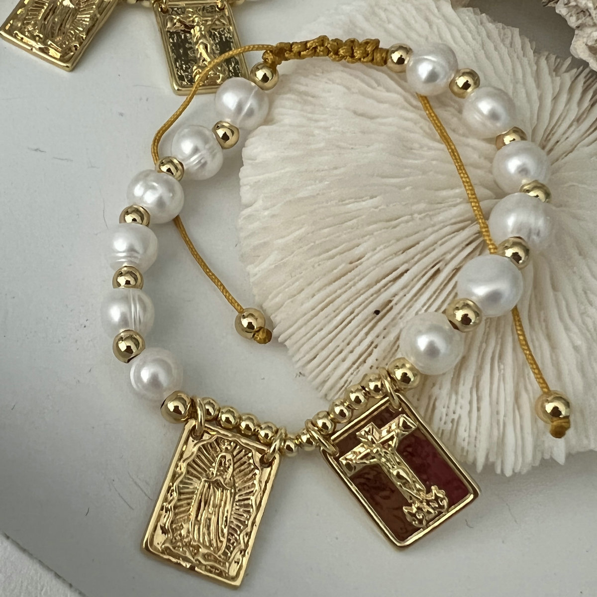 Fresh water pearl square charm bracelet