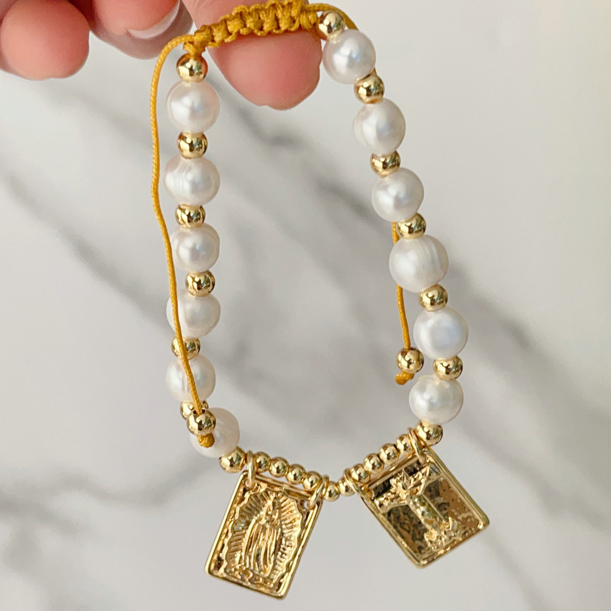 Fresh water pearl square charm bracelet