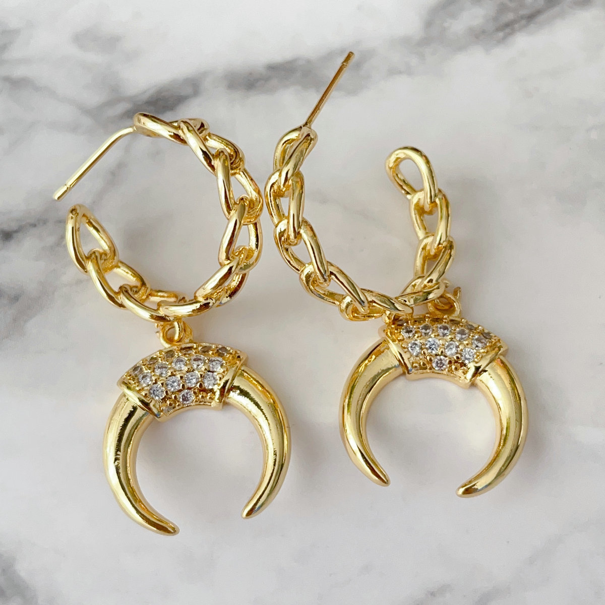 Chain hoops earrings with horn pendant