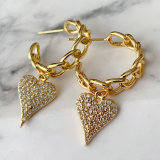 Chain hoops earrings with pave heart pendant