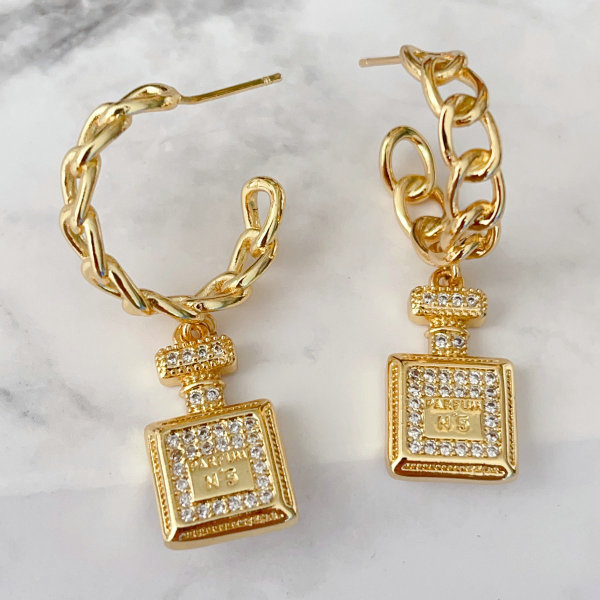 Chain hoops earrings with perfume bottle pendant