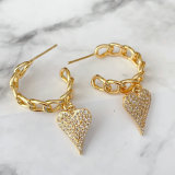 Chain hoops earrings with pave heart pendant