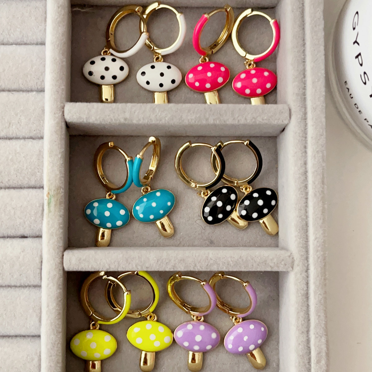 Enamel mushroom drop earrings