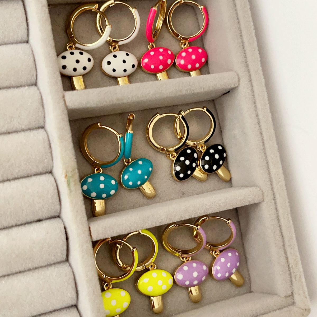 Enamel mushroom drop earrings