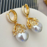 Pave earring with glass pearl pendant