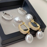 Pave earring with glass pearl pendant