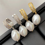 Pave earring with glass pearl pendant