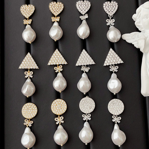Pave earring with glass pearl pendant