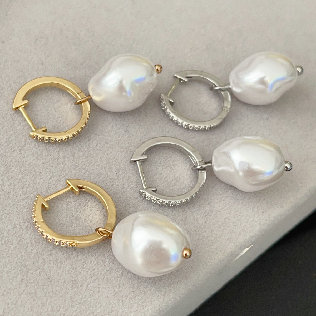 Pave earring with glass pearl pendant
