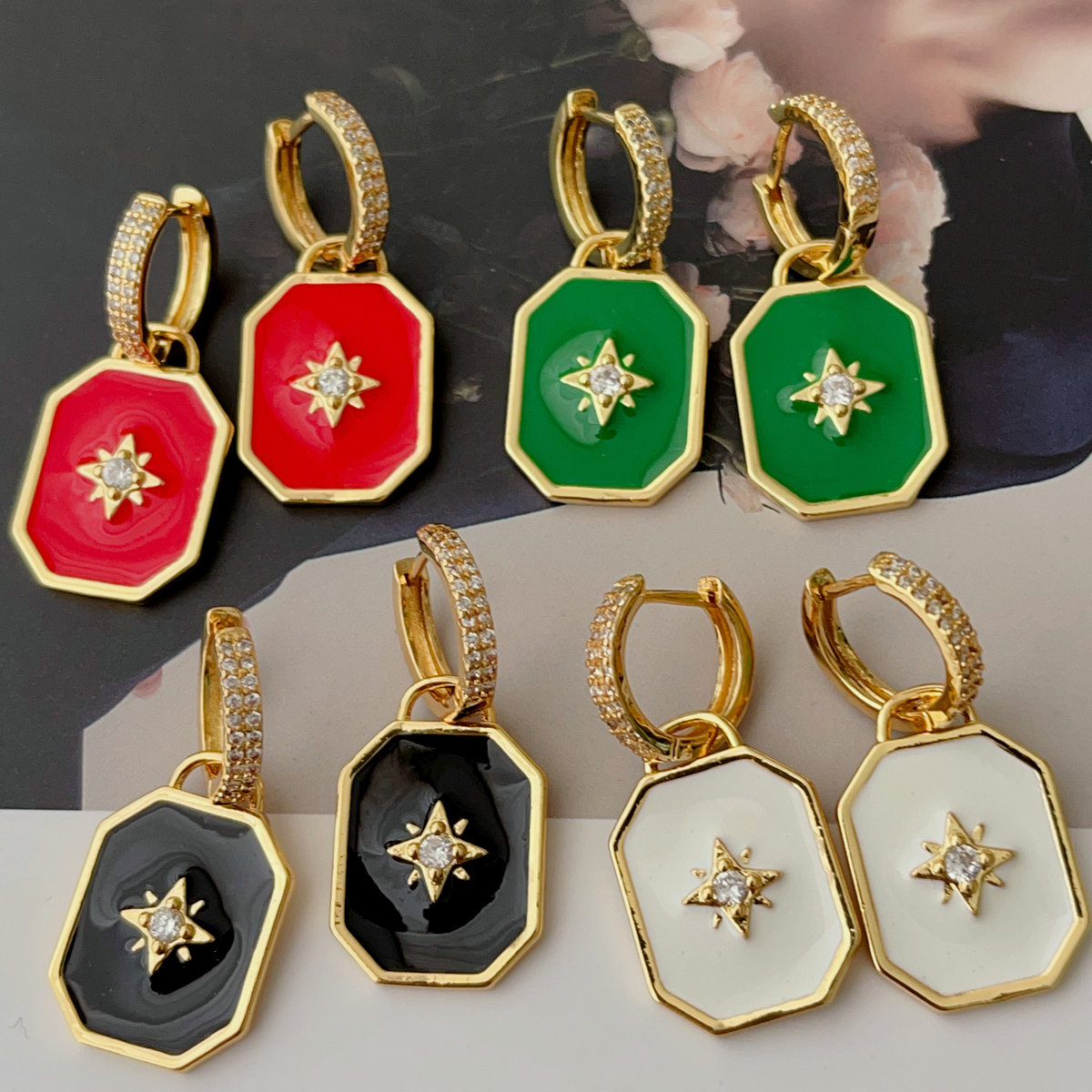 Enamel  squre pendant earrings