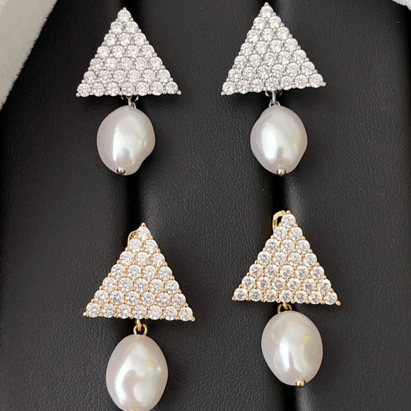 Pave arrow earring with glass pearl pendant