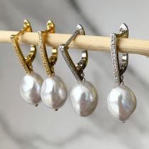 Pave earring with glass pearl pendant