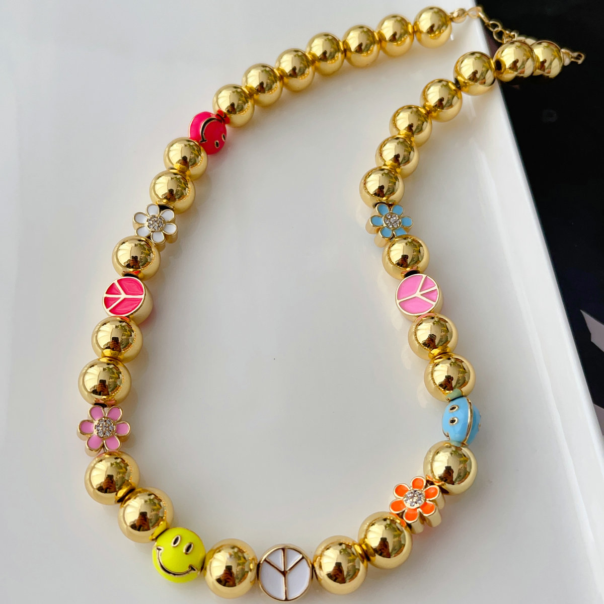 10mm gold ball with enamel bead necklace