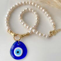 Fresh water pearl necklace with big glass eye pendant