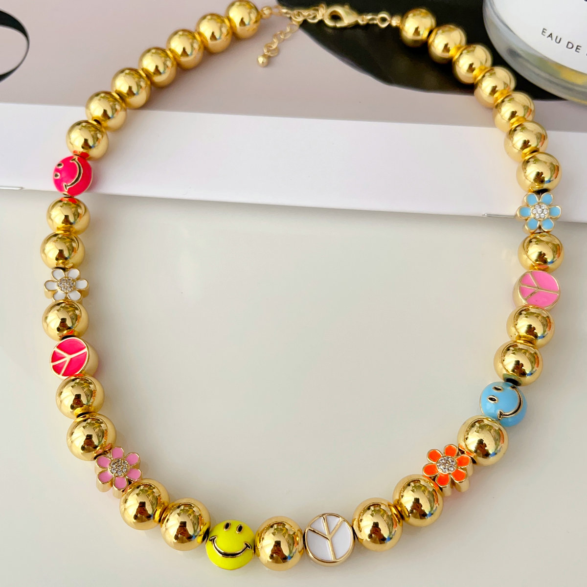 10mm gold ball with enamel bead necklace