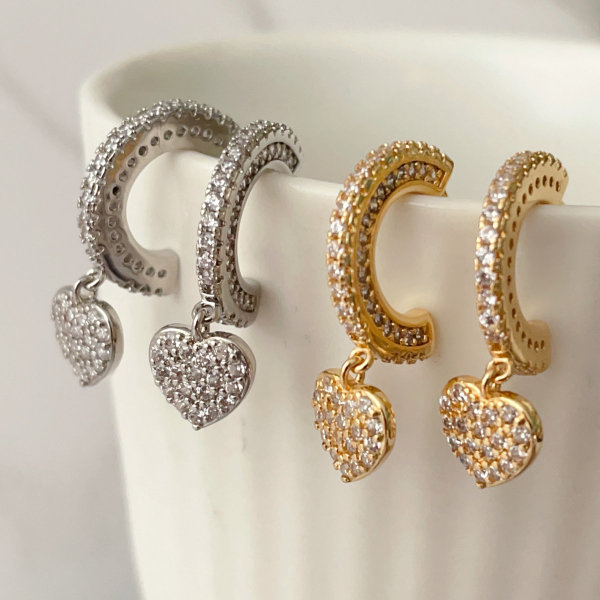 Pave half hoop earring with heart charm