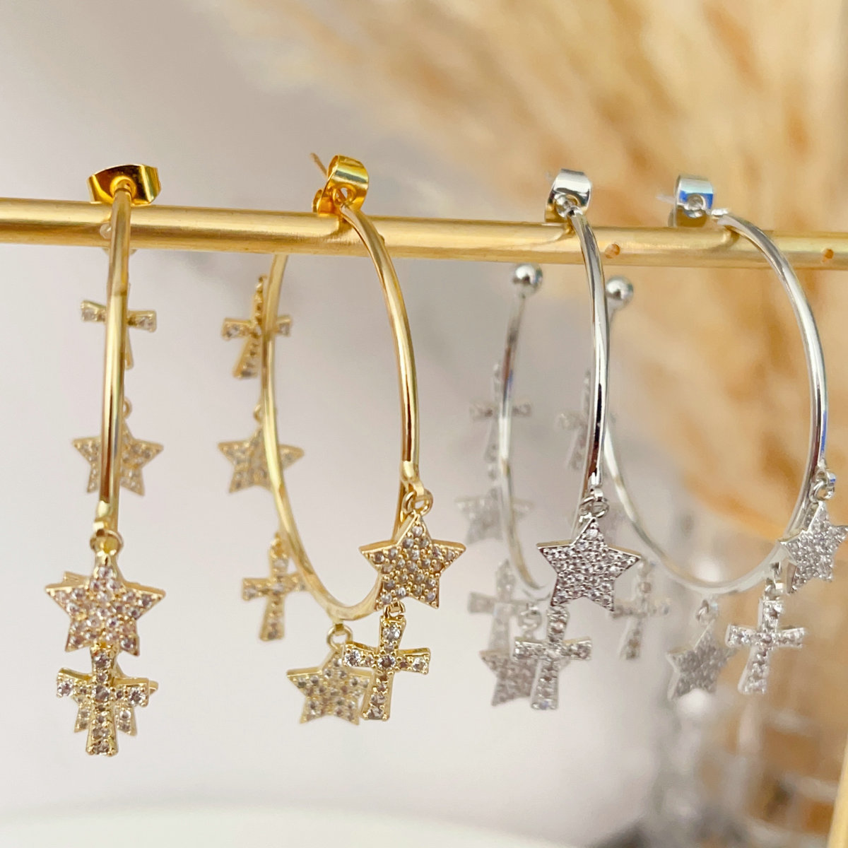 Star cross heart charms hoop earrings
