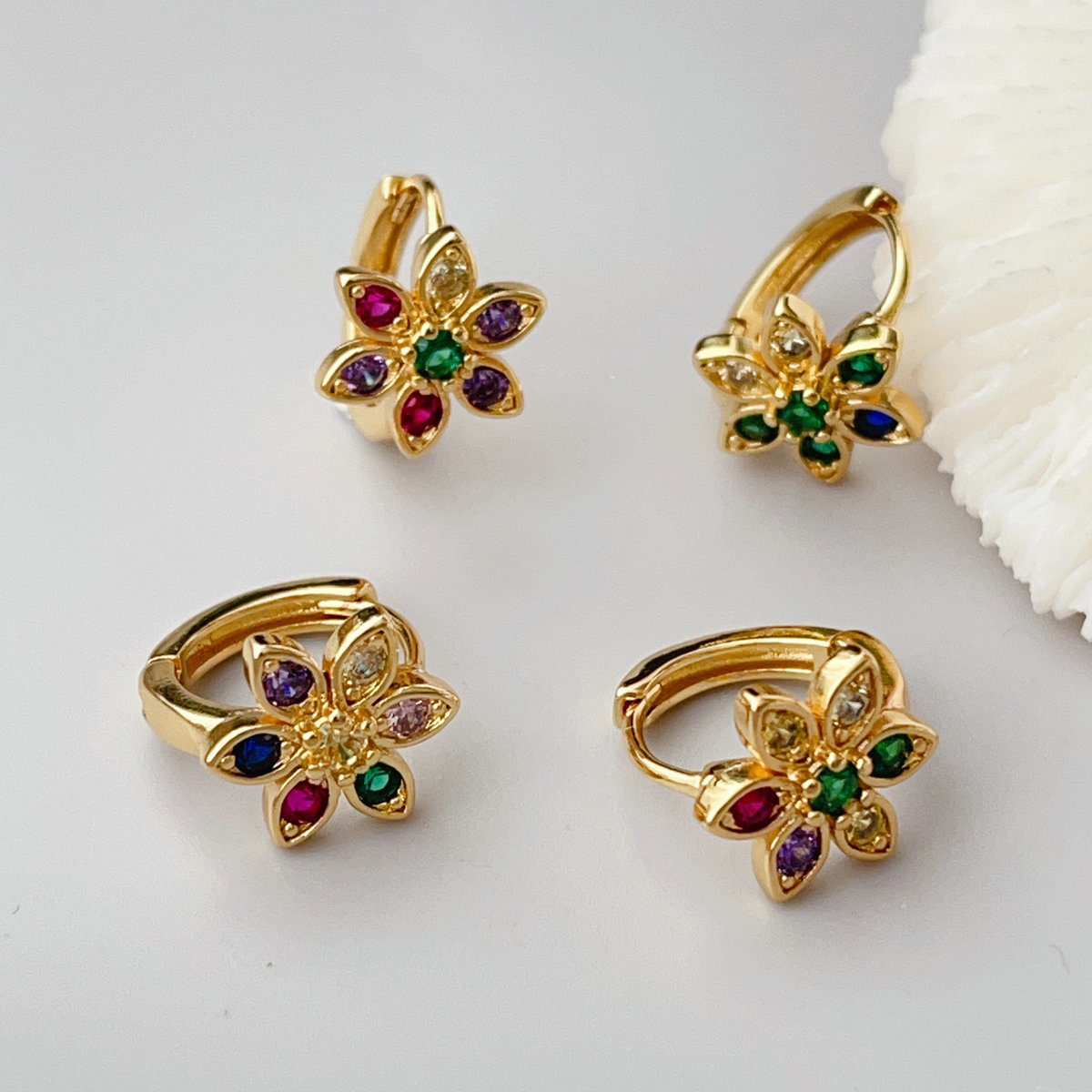 Pave flower hoop earrings