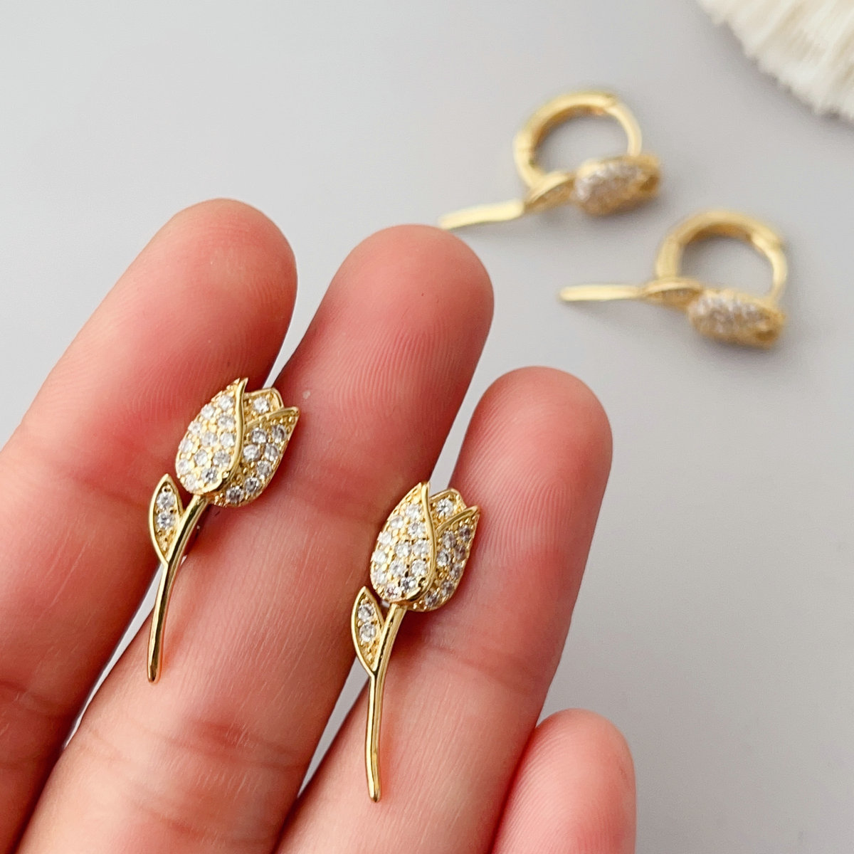 Pave flower basic hoop earrings