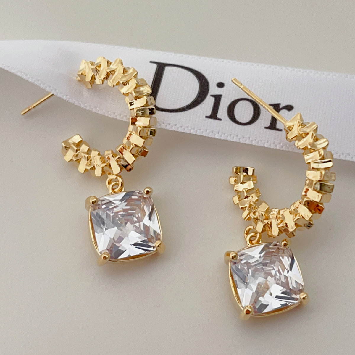 White zircon square pendant hoop earrings
