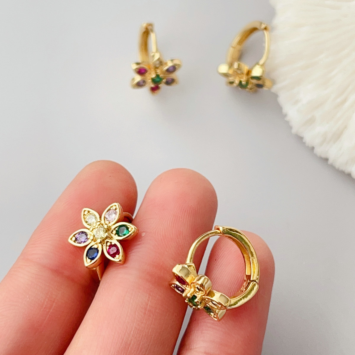 Pave flower hoop earrings