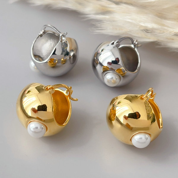 Gold ball pearl hoop earrings
