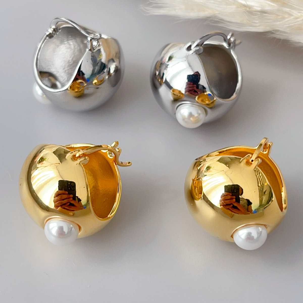 Gold ball pearl hoop earrings