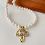 Pave mushroom pendant pearl necklace