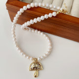 Pave mushroom pendant pearl necklace