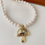 Pave mushroom pendant pearl necklace