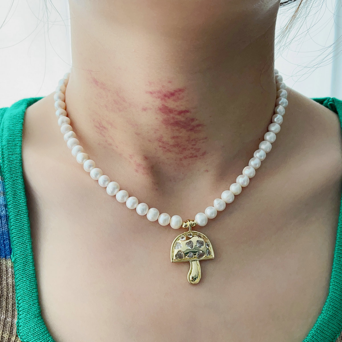 Pave mushroom pendant pearl necklace