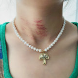 Pave mushroom pendant pearl necklace
