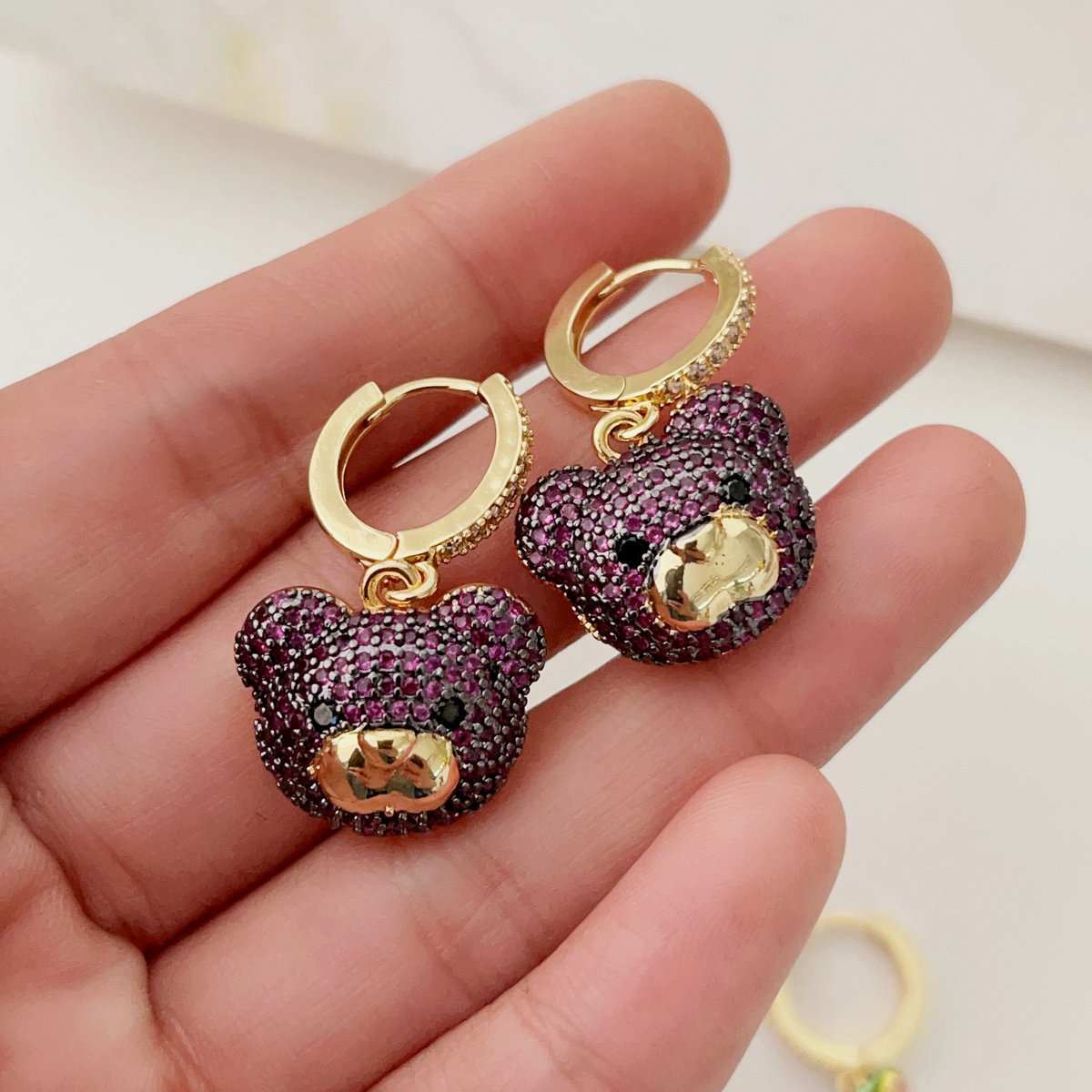 Colorful pave teddy bear pendant earrings