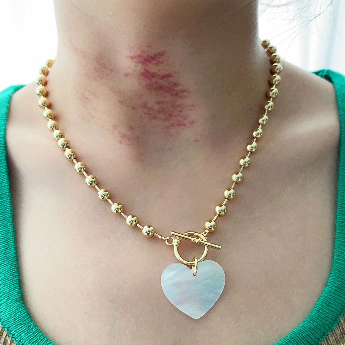 Mop heart pendant gold dot chain necklace