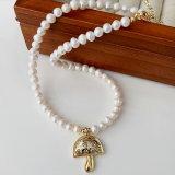 Pave mushroom pendant pearl necklace