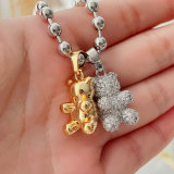 Silver pave teddy bear pendant necklace with dot bead chain