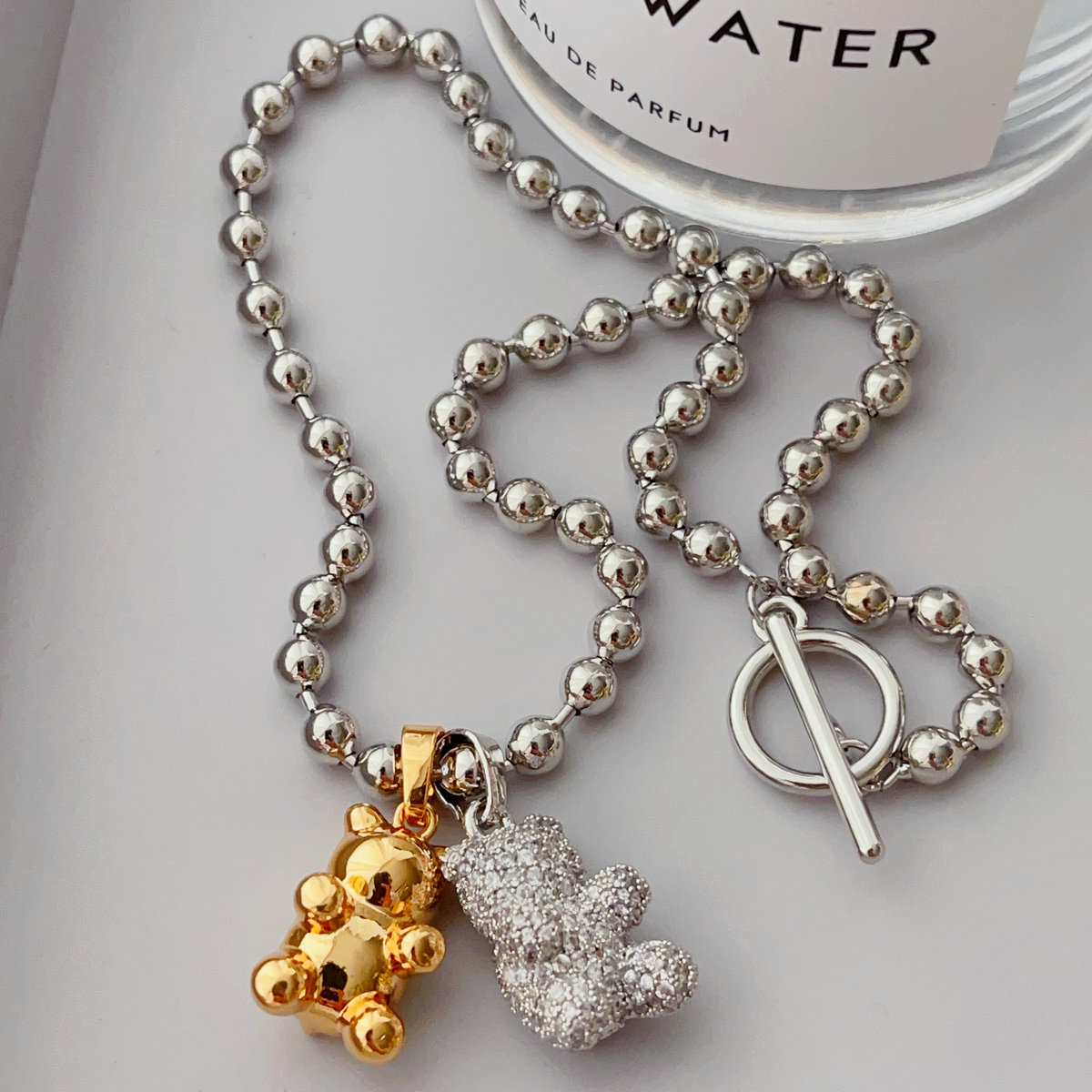 Silver pave teddy bear pendant necklace with dot bead chain