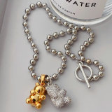 Silver pave teddy bear pendant necklace with dot bead chain