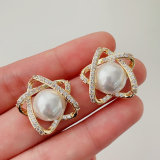 Pave flower pearl earrings