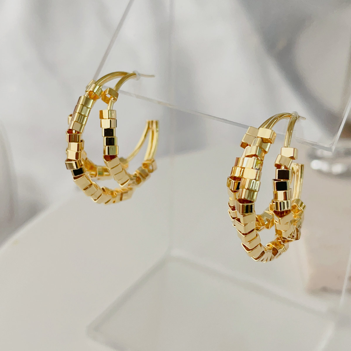 Bling square bead hoop earrings