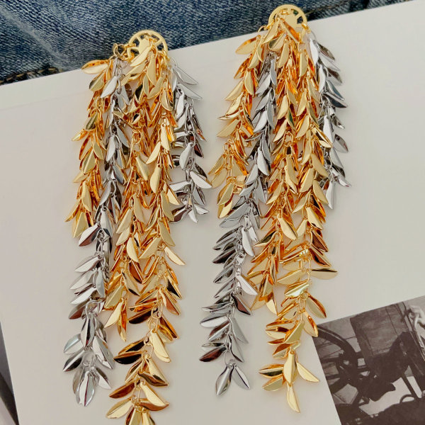 Long leaf chain tassel earrings