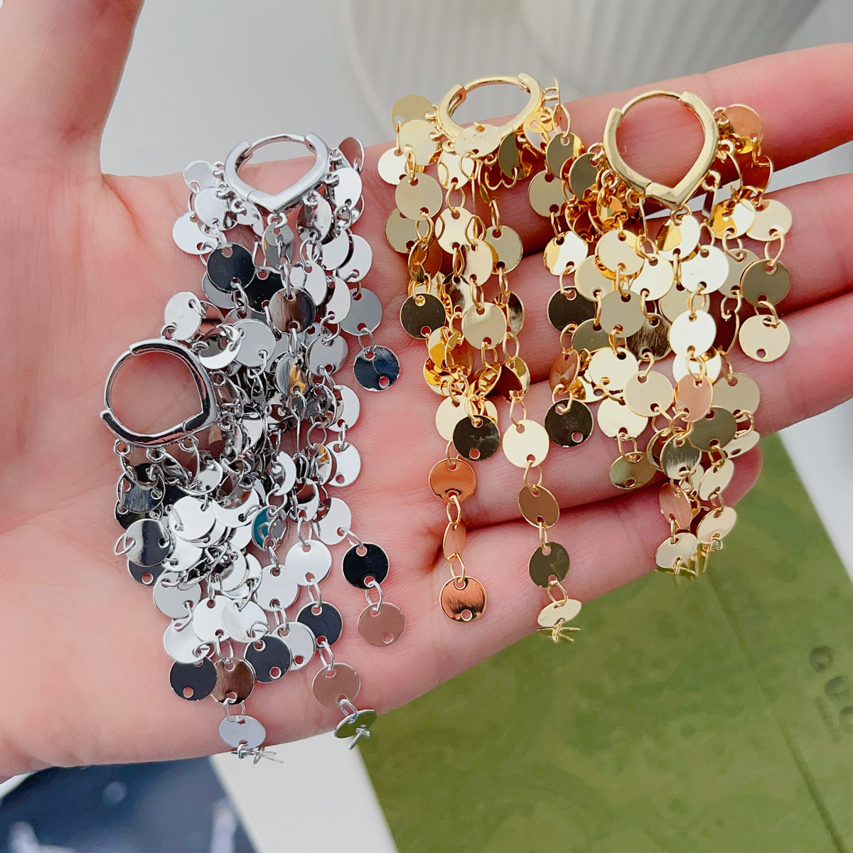 Gold long tassel hoop earrings