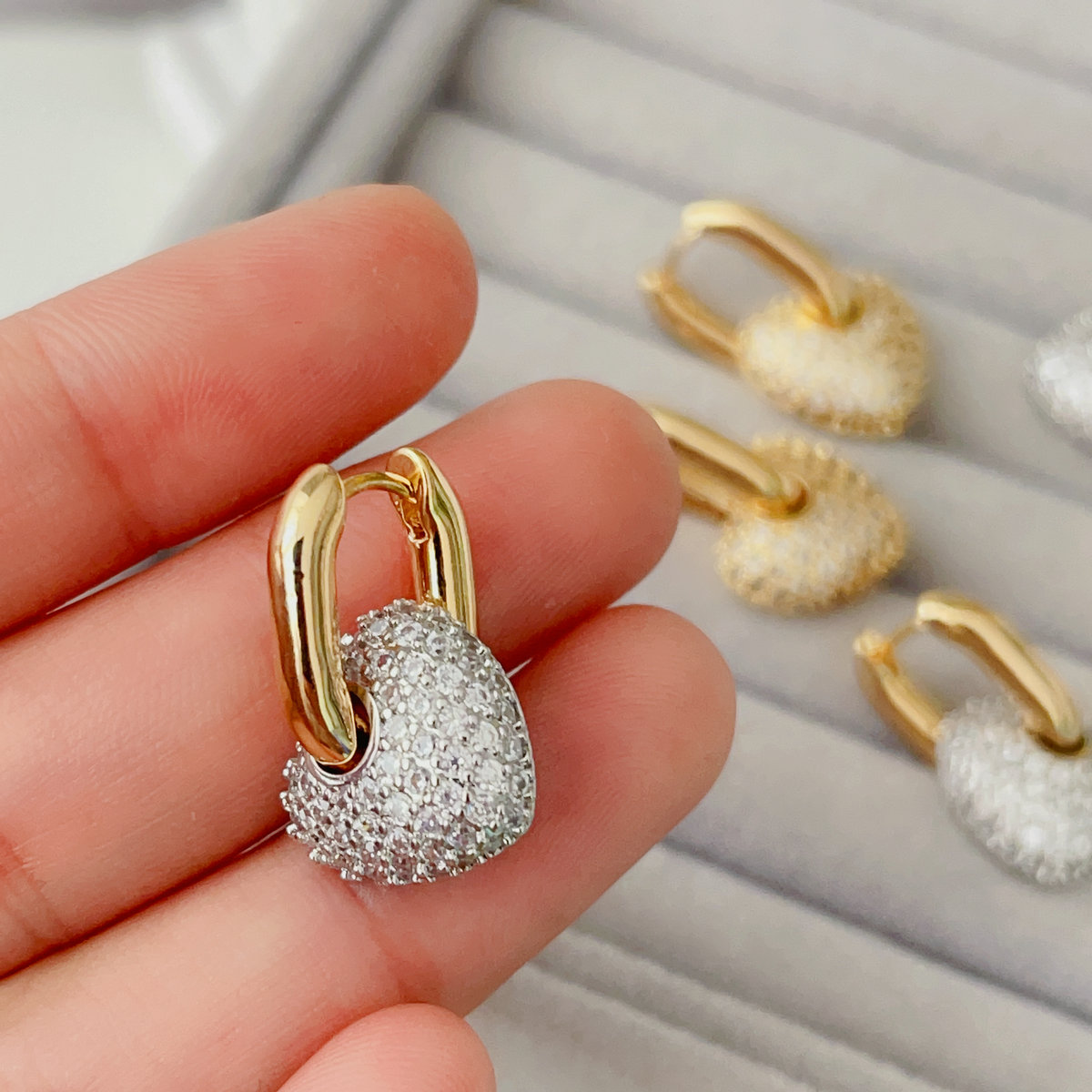 Pave heart charm u hoop earrings