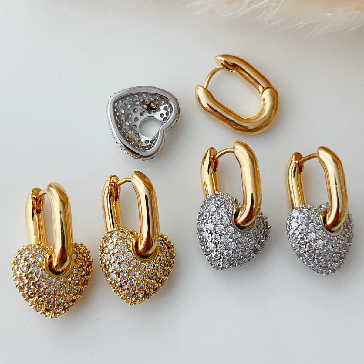 Pave heart charm u hoop earrings