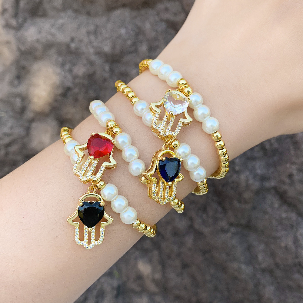 Glass pearl bead bracelets with hand pendant
